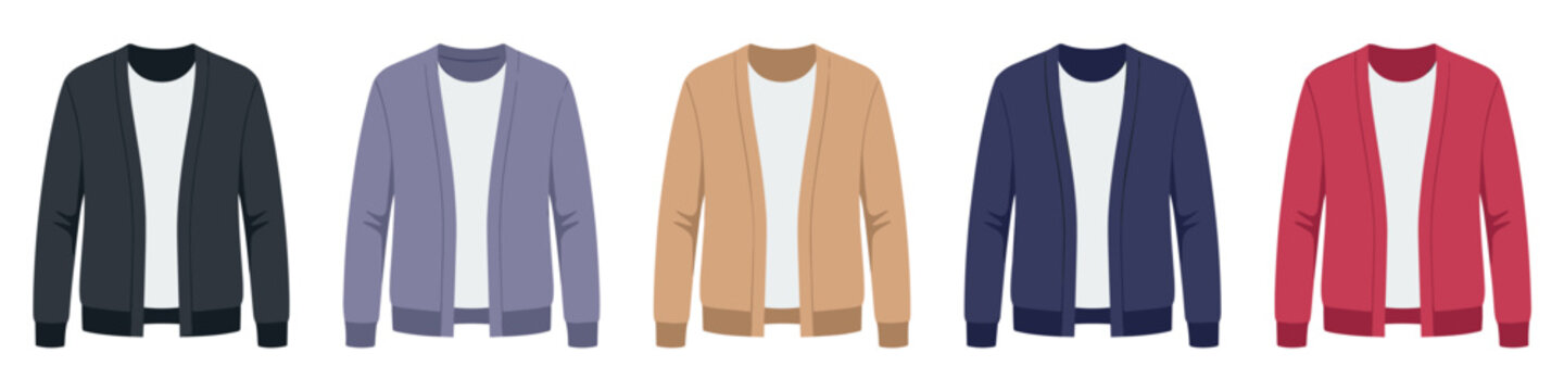  Set of blank men open cardigan jackets with t-shirt vector mockup isolated on transparent background