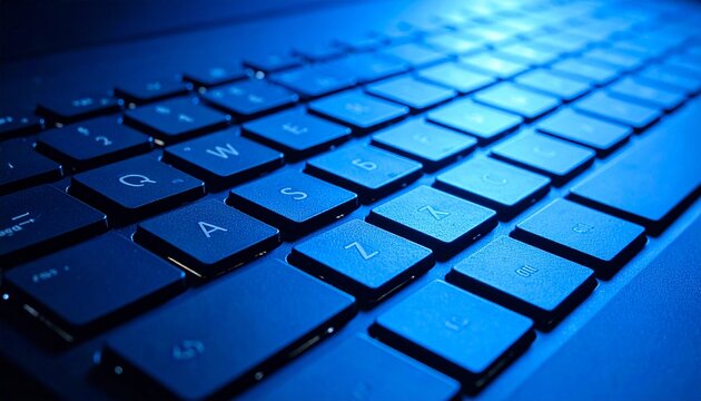 Close-up shot of a computer keyboard's keys, illuminated by a cool blue light, highlighting the tactile surface and arrangement of buttons for typing and data entry