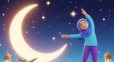 Fototapeta premium 3D illustration of a young Muslim woman in a blue hijab practicing yoga and meditation under a bright crescent moon and starry night sky during Ramadan