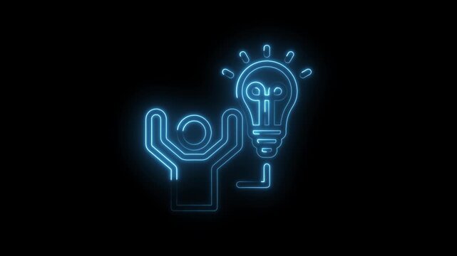 Glowing blue neon outline of a person with arms raised celebrating next to a bright idea... icon