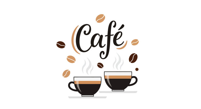 Two coffee cups with caf? theme and beans