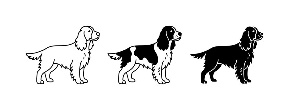 Three Dog Illustrations: Outline, Bi-color, and Silhouette, Cocker Spaniel Breed