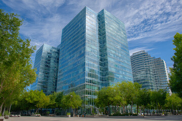 Fototapeta premium Modern glass skyscrapers rise against a blue sky with fluffy clouds, surrounded by lush green trees and a paved area
