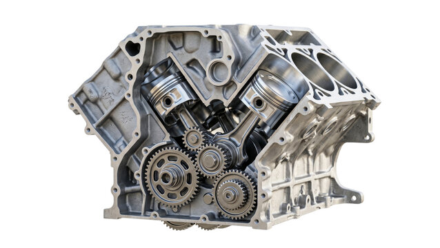 Internal Combustion Engine Block With Gears On Transparent Background