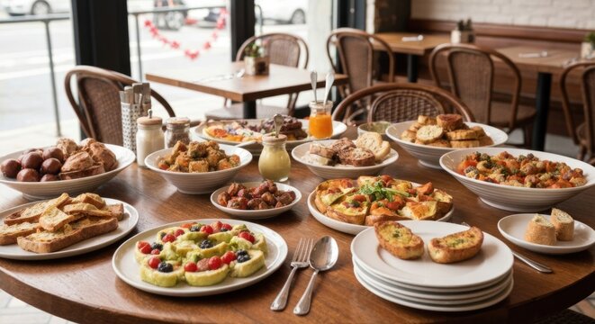 Delicious buffet of diverse food offerings on a wooden table, cafe setting