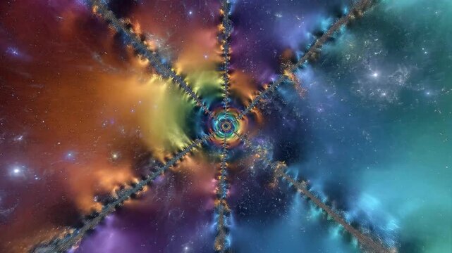 Abstract fractal mandala with iridescent color palette and cosmic starry background