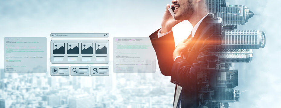 A professional businessman engages in a phone conversation, exploring innovative technology solutions for digital marketing strategies and fostering online business growth. Ledger
