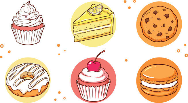 Sweet dessert icons collection with cupcakes, cake slice, cookie, donut and macaron, bakery food vector illustration set