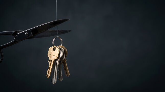 House keys hanging by a thin thread about to be cut by scissors representing foreclosure and housing market risk.
