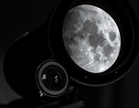 Telescope lens focused on the full moon, revealing its craters and surface details.