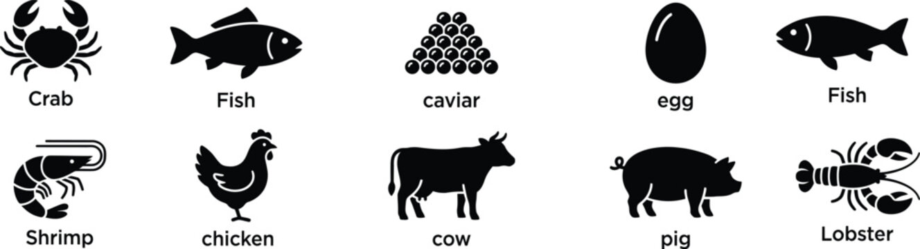  Food source animal products black silhouettes vector icons set with meat livestock and seafood symbols isolated on white background