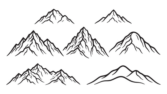 Minimalist hand-drawn mountain range icon set for outdoor, hiking, and camping design projects