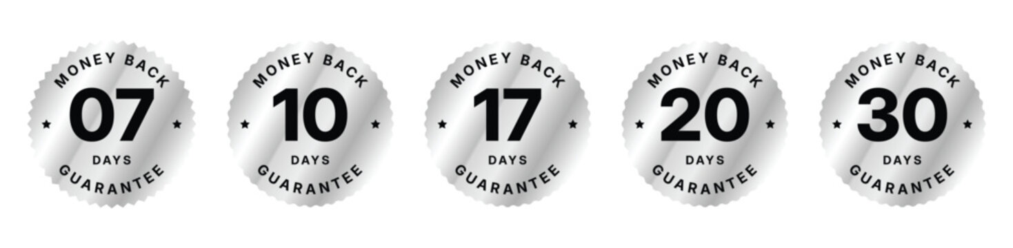 Money Back Guarantee Badge Collection Set with 7 10 17 20 and 30 Days Refund Policy Labels