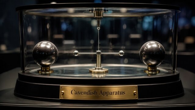 Cavendish apparatus displayed in a museum setting highlighting experiments in gravitational force and mass