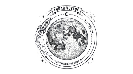 Lunar Voyage Rocket Orbiting Moon, Destination: The Moon, Space Exploration T-shirt Design © kretek