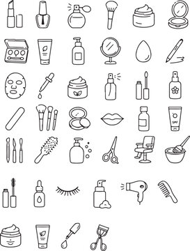 A stylish set of 30 beauty and cosmetic icons including lipstick, makeup brush, perfume, nail polish, skincare products, and salon tools. Ideal for beauty brands and cosmetic apps.