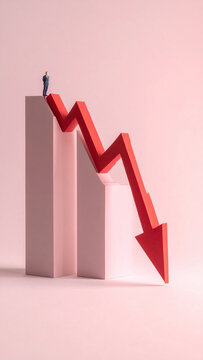 A miniature businessman stands atop a pink bar graph looking down at a sharp red arrow plunging downwards, symbolizing financial crisis, market recession, and economic failure.