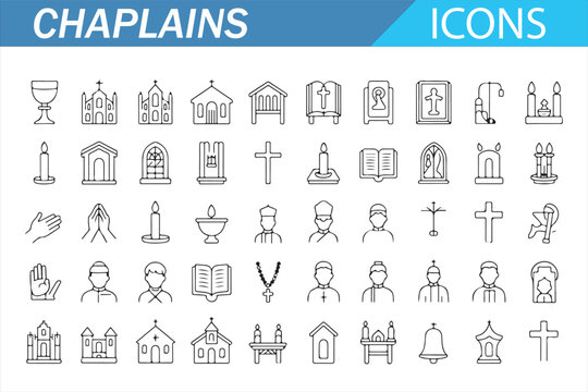 Collection of chaplain and religious line icons featuring churches, crosses, clergy, prayer symbols, worship elements, and spiritual signs in minimal outline vector style for faith and religion themes