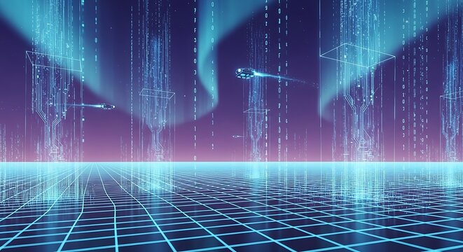 Futuristic digital landscape with glowing data streams and neon grid.