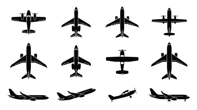 Detailed black vector illustration set featuring various commercial and private airplane silhouettes for graphic design