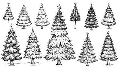 Obraz premium Collection of hand drawn christmas trees with decorative elements, line art illustration, festive holiday symbols