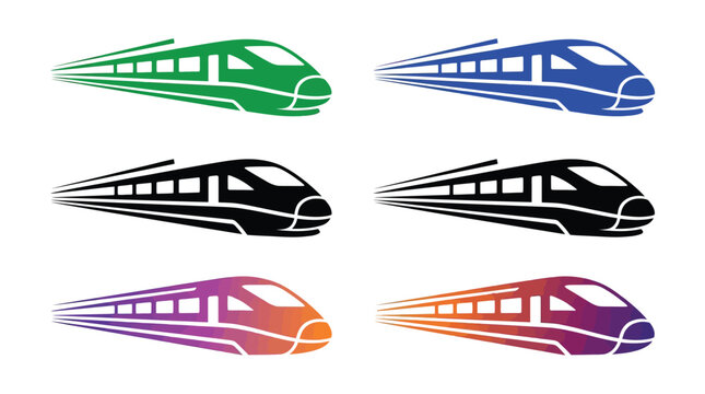 A modern flat vector illustration featuring colorful high speed trains in various vibrant solid styles