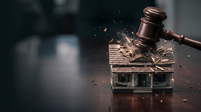 Heavy wooden judge's gavel violently smashing a model house representing eviction and legal foreclosure in the real estate crisis.