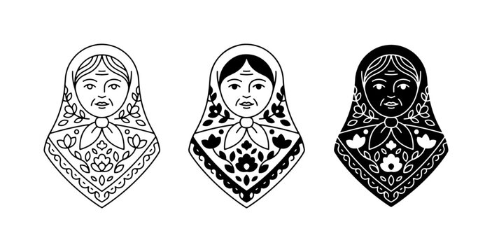 Matryoshka Dolls Vector Icons, Russian Nesting Dolls, Traditional Folk Art, Cultural Symbols, Black and White