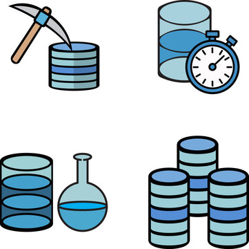 Database storage and data management icon set. Simple cartoon outline illustration of data mining pickaxe, server processing timer stopwatch, laboratory analysis flask, cloud computing cluster hardwar