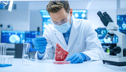 Fototapeta premium Focused male scientist in a hightech lab analyzing cultured, labgrown meat with tweezers, representing biotechnology, food science innovation, and sustainable cellular agriculture.