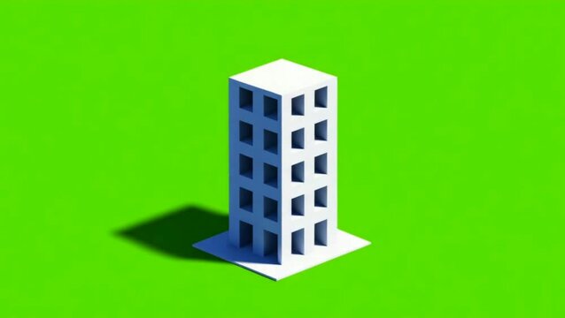 Architectural Blueprint Transforms into 3D Building Icon Animation on Green Screen