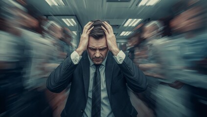 Fototapeta premium Man in suit overwhelmed by blurred crowd, holding head in despair