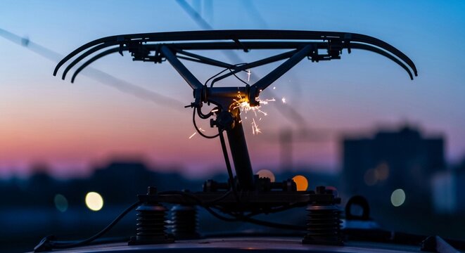 Sparking electrical pantograph on a train at dusk, capturing the energy transfer in transit systems.