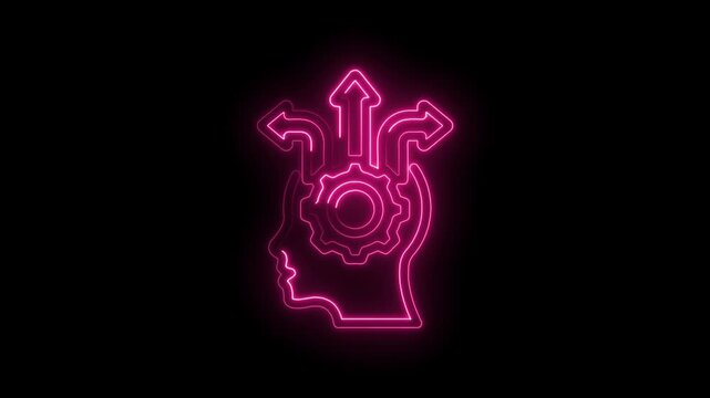Neon pink glowing human head profile with internal gear and multiple diverging arrows icon