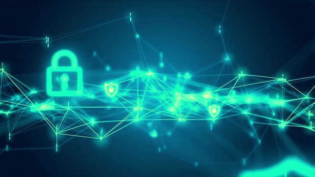 Digital Security Network: A glowing neon green network of interconnected nodes and lines depicts digital security with a prominent padlock icon and shield symbols.