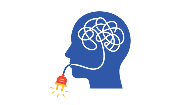 Minimalist vector illustration of a human head profile with a connected brain and electrical plug