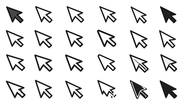 collection of pixelated cursor icons in various styles and colors, digital pointer elements for user interface design