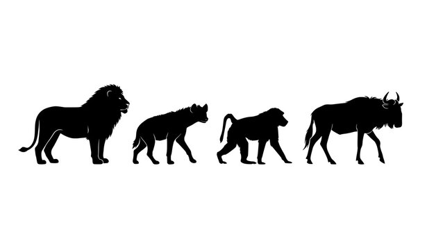 African Wildlife Silhouette Set with Lion Hyena Baboon and Wildebeest Vector