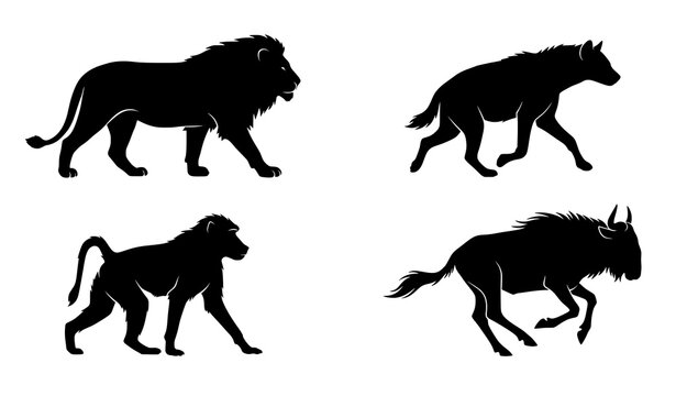 African Safari Animal Silhouettes Lion Hyena Baboon Wildebeest Vector Set