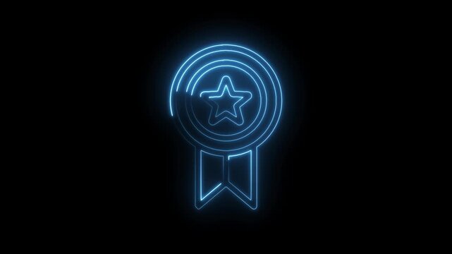 Glowing blue neon award ribbon with star emblem on black background abstract achievement icon