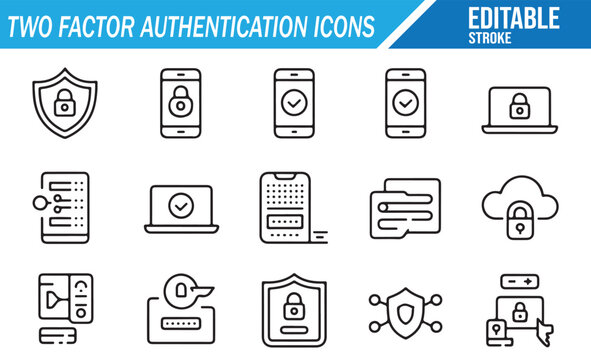 Digital security line icons collection with password, 2FA, and authentication alerts