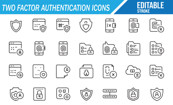 Editable vector two-factor authentication icons with locks, tokens, and shield symbols