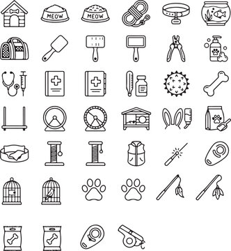 A set of 30 pet care icons including dogs, cats, pet bowls, leashes, grooming tools, veterinary items, and animal accessories. Perfect for pet shops, veterinary clinics, and pet apps.