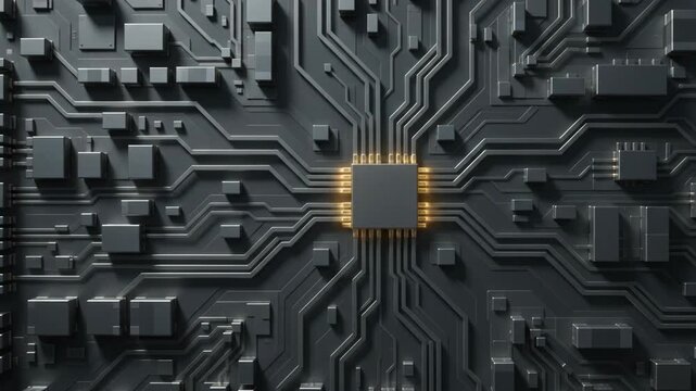 3D animation of a futuristic microchip processor with golden light lines flowing across circuit board traces