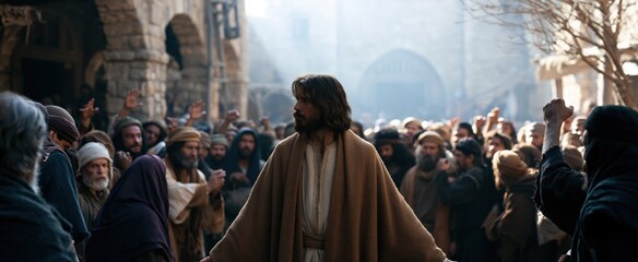 Obraz premium In a historic marketplace, a solitary man confronts a hostile crowd, illustrating biblical tension and conflict.