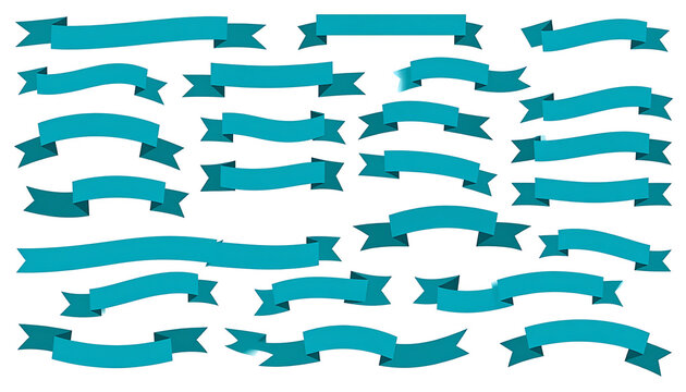 Collection of pixel art banners and ribbons in teal blue, diverse shapes and sizes, simple flat design elements