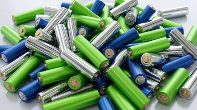 A large pile of assorted green blue and silver aa batteries scattered on a generated using ai
