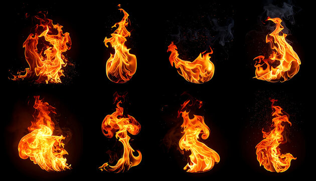 collection of eight different realistic fire flames and embers on black background, abstract energy and heat concept