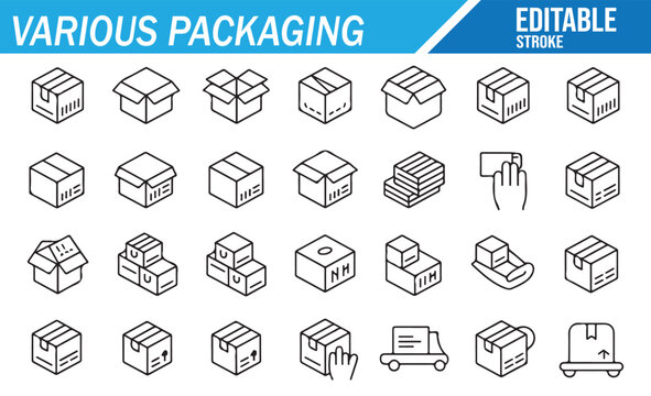 Parcel and packaging icon pack with boxes, crates, and shipping elements