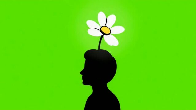 Blooming Flower from Head Silhouette Vector Animation Idea, Creativity, Mental Health, Growth Concept on Green Screen
